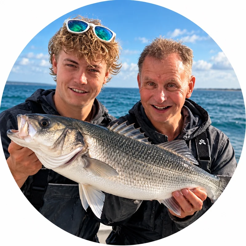 Toby and Monty holding a sea bass on the water